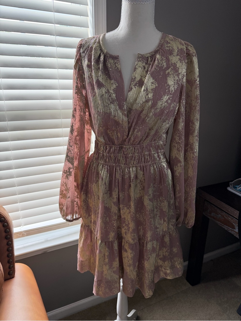 Anthropologie Pink and Gold Metallic Long-Sleeve Mini Dress